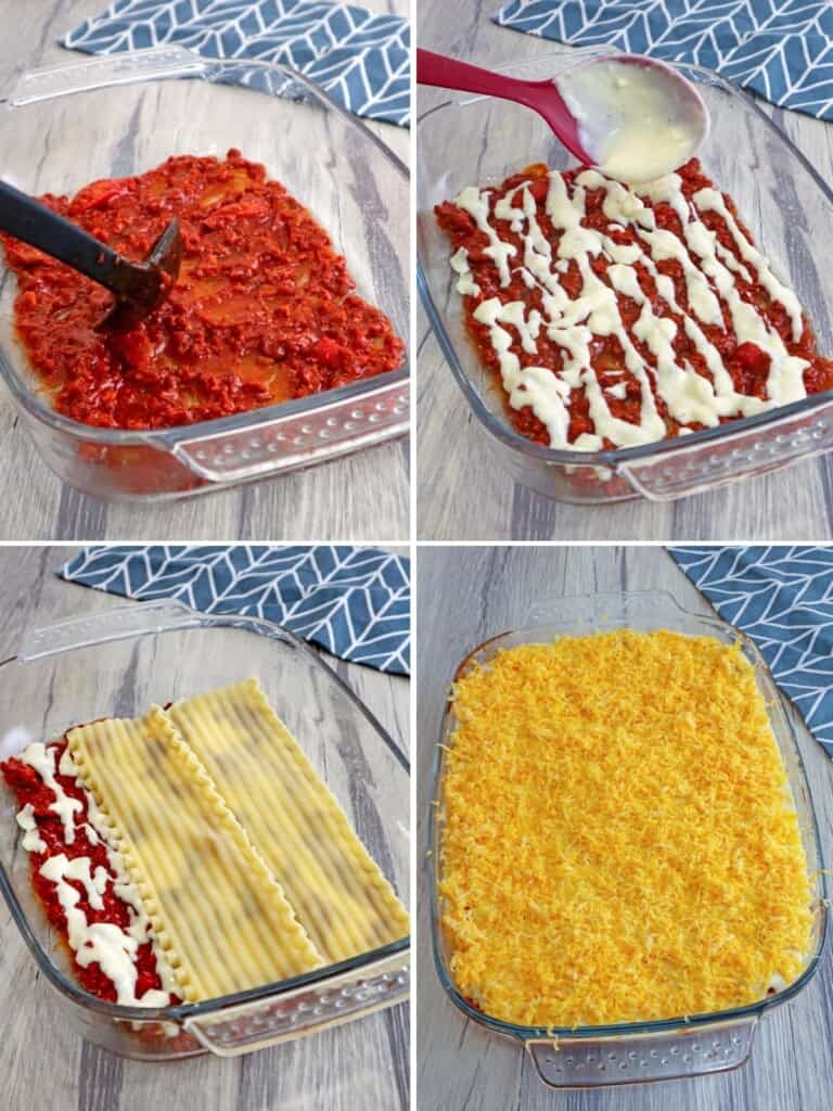 making lasagna with bechamel sauce in a baking dish