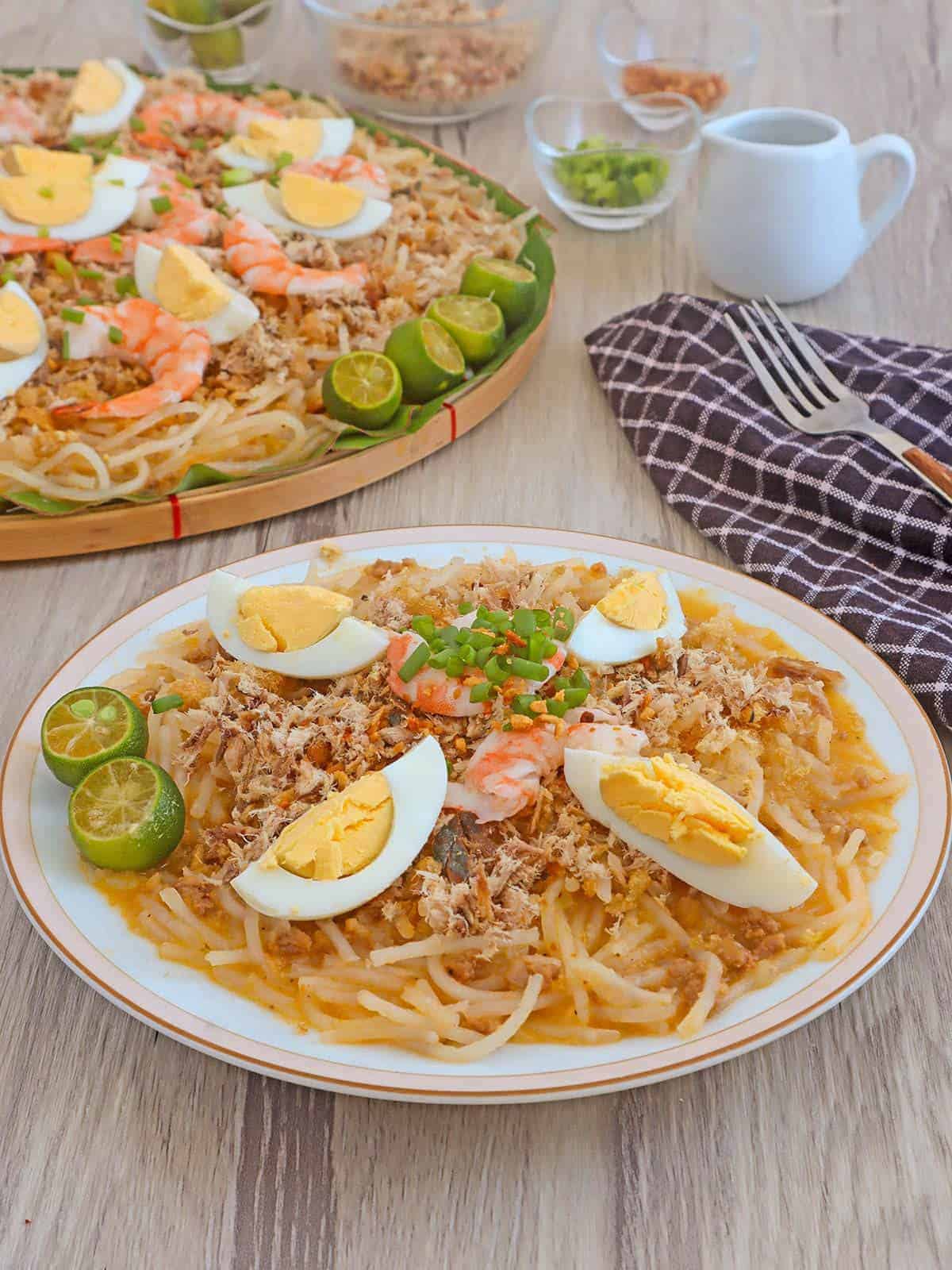 pancit luglug on a white plate