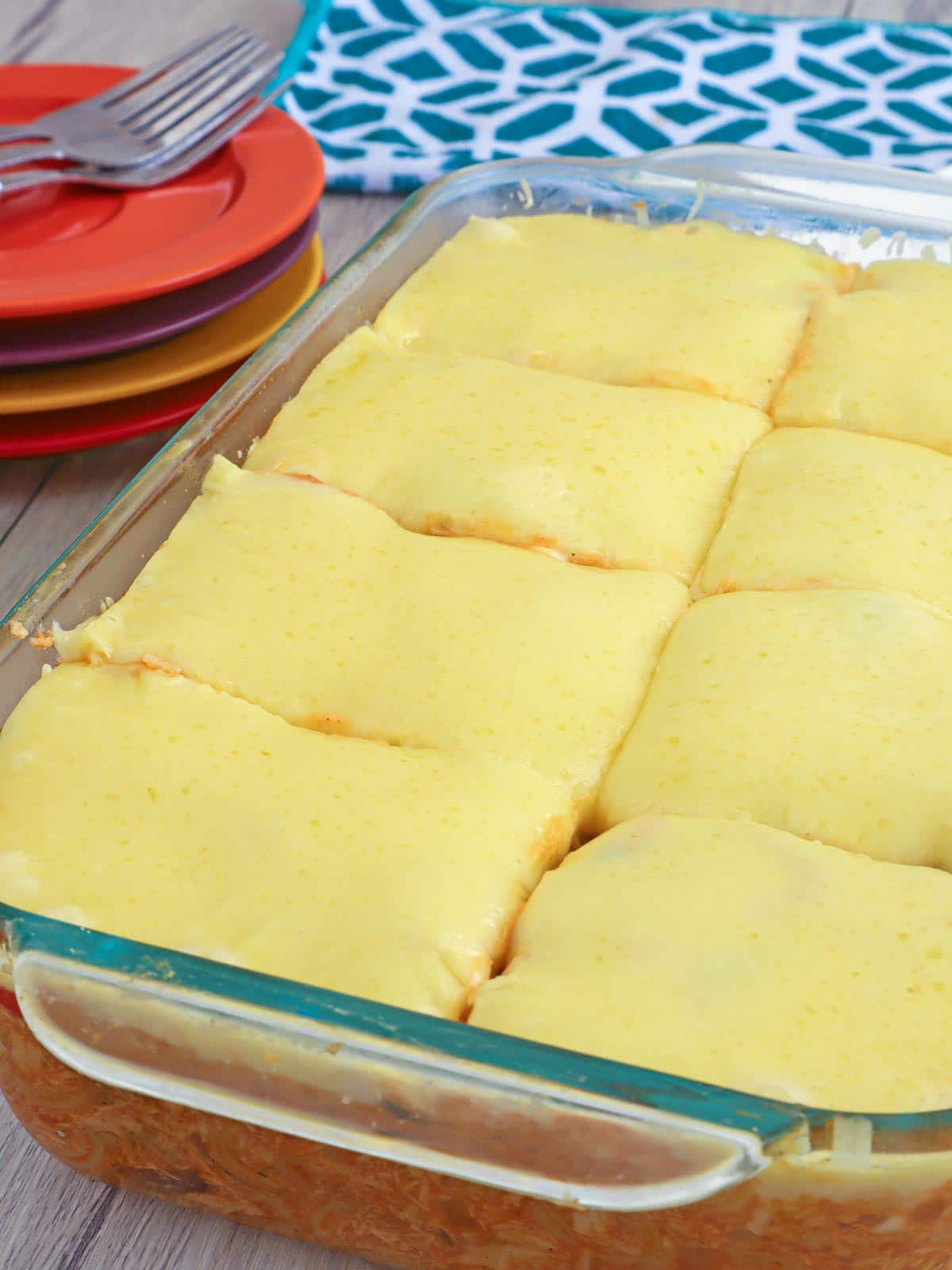 sliced Filipino-style Chicken Baked Macaroni in a pan