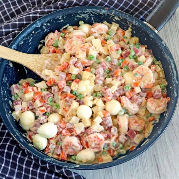 Sipo Egg with Shrimp and Ham in a skillet
