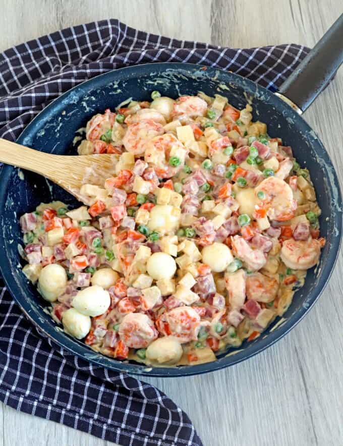 Sipo Egg with Shrimp and Ham in a skillet