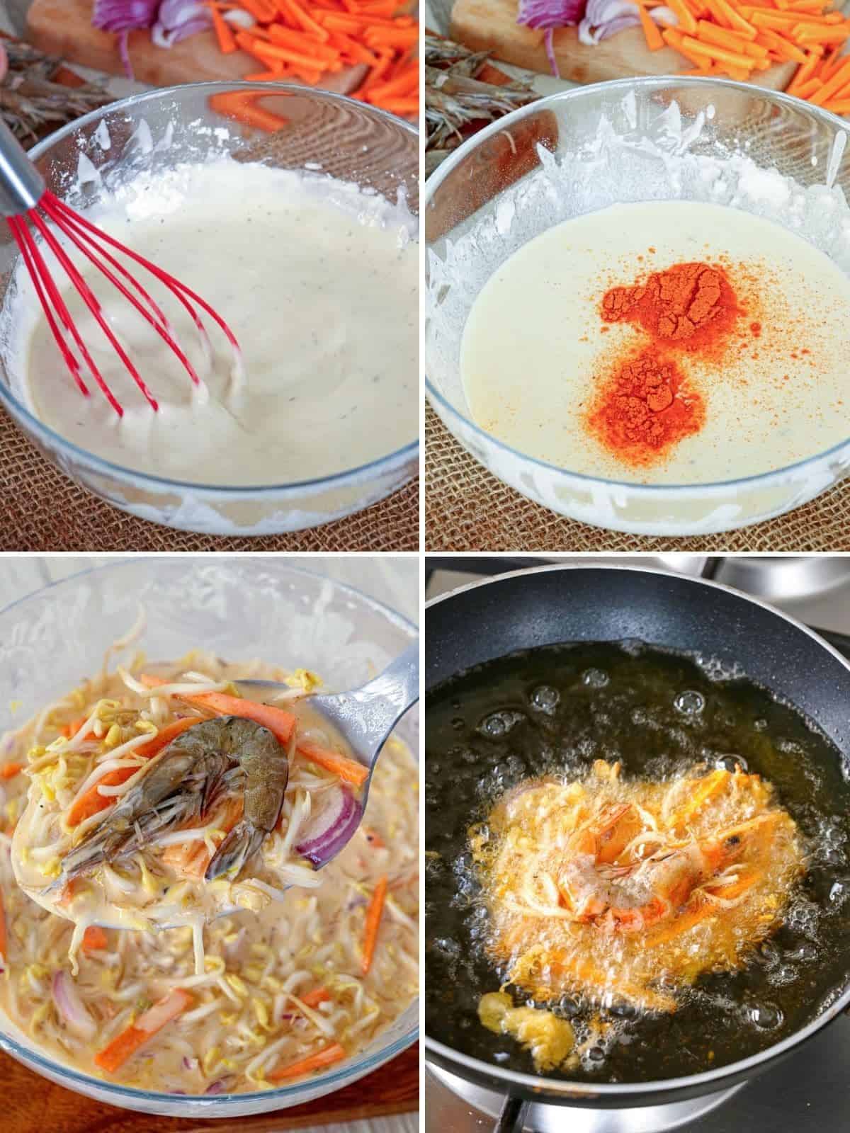 making batter for ukoy in a clear bowl and frying the ukoy