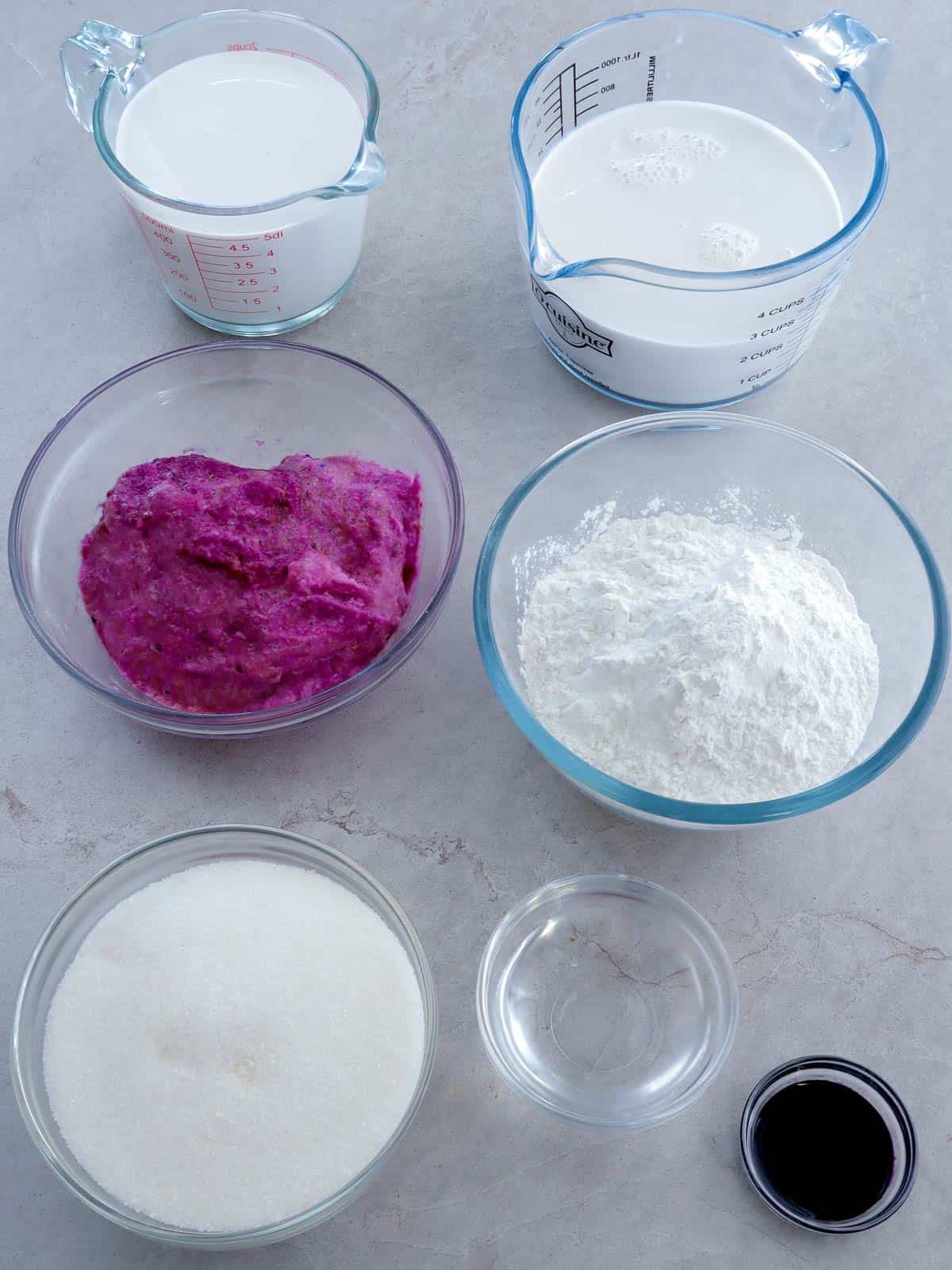mashed purple yam, glutinous rice flour, coconut milk, sugar, coconut cream, water, purple yam extract in bowls