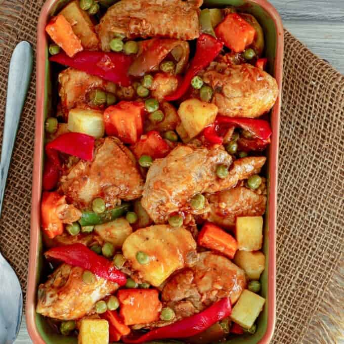 Pineapple Chicken Afritada in a serving dish