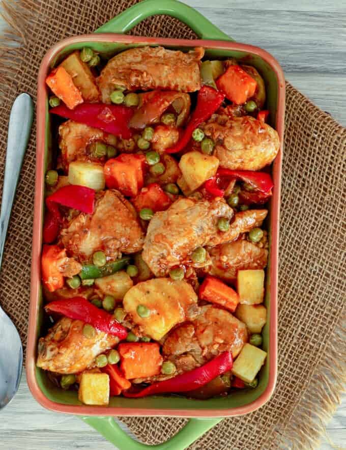 Pineapple Chicken Afritada in a serving dish