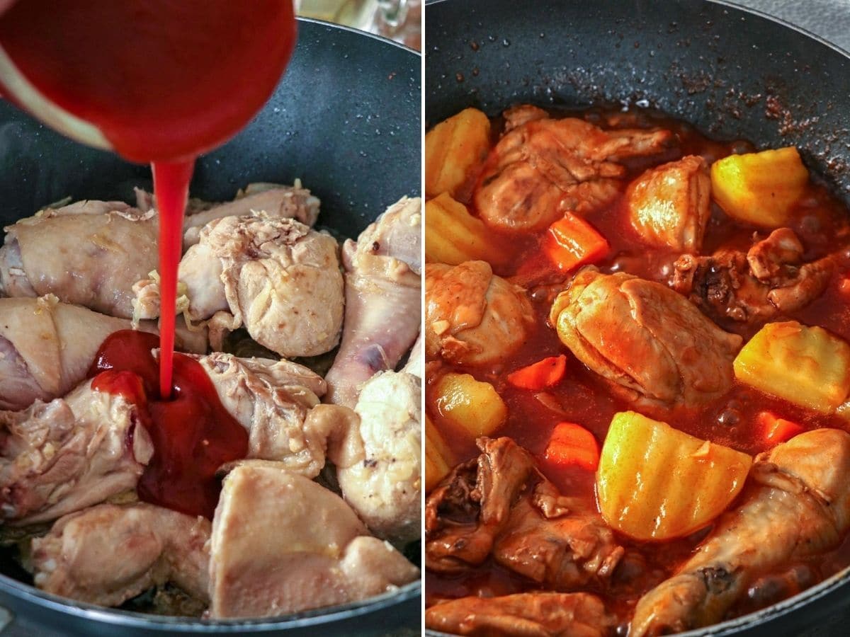 cooking chicken afritada with pineapples, carrots, and potatoes in a pan