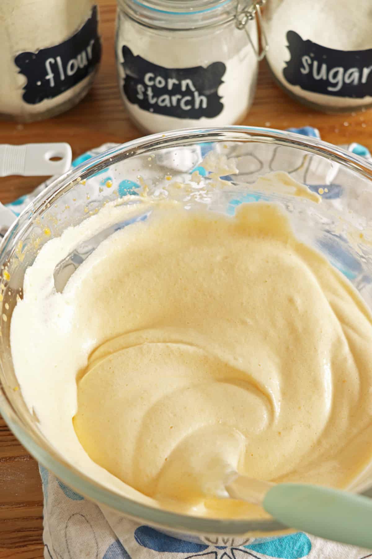 sponge cake batter in a glass bowl