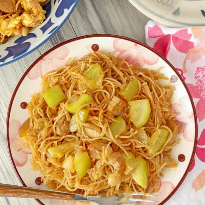 top view of pancit bahay on a serving plate