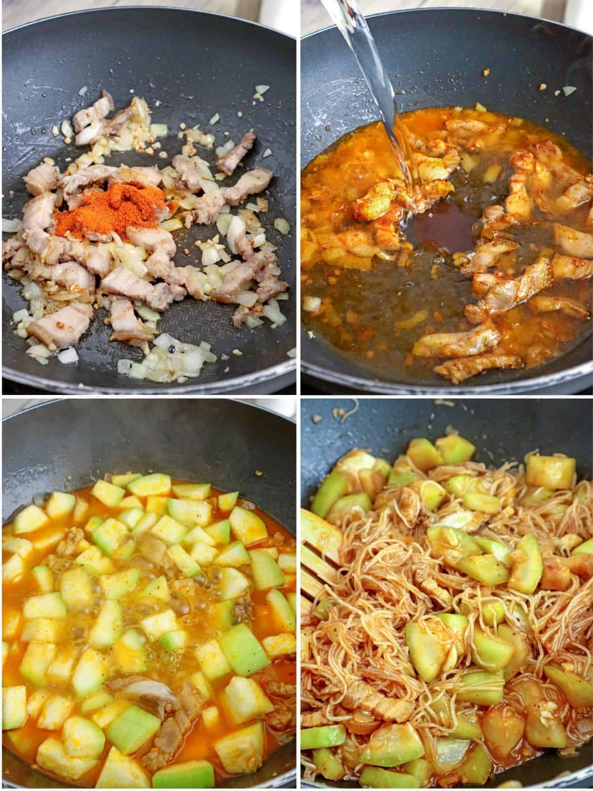 cooking pancit maklak in a wide pan