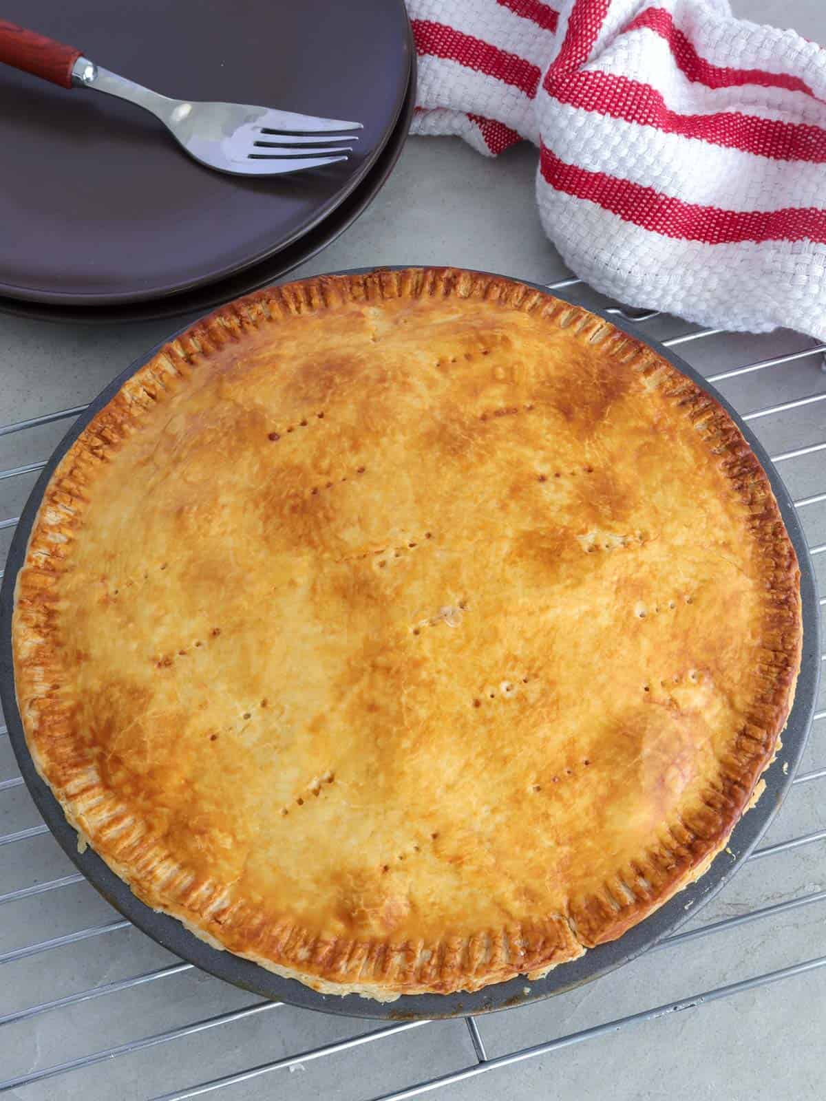 freshly baked buko pie in baking pie pan