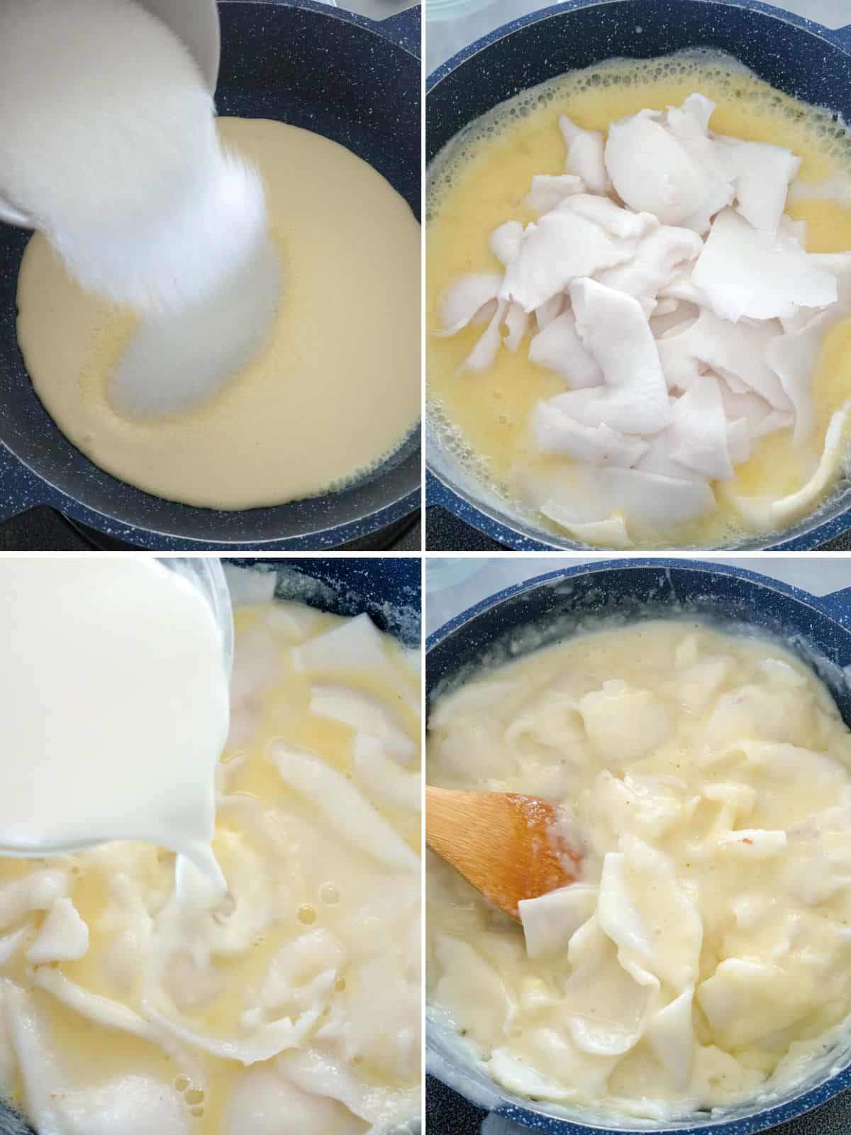 making the buko pie filling in a pan