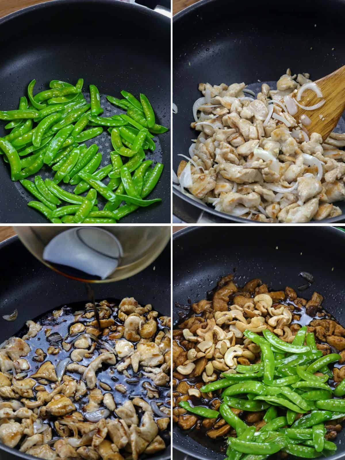 cooking cashew chicken with snow peas in a pan