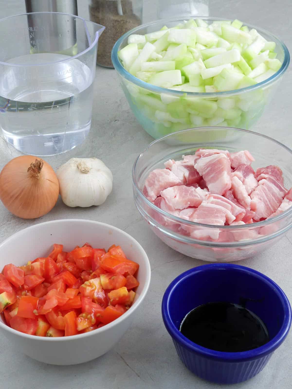 diced pork belly, chopped tomatoes, diced upo, onion, garlic, oyster sauce