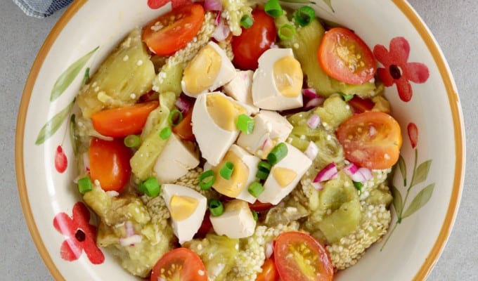 Tomato, Grilled Eggplant and Salted Egg Salad in a serving bowl