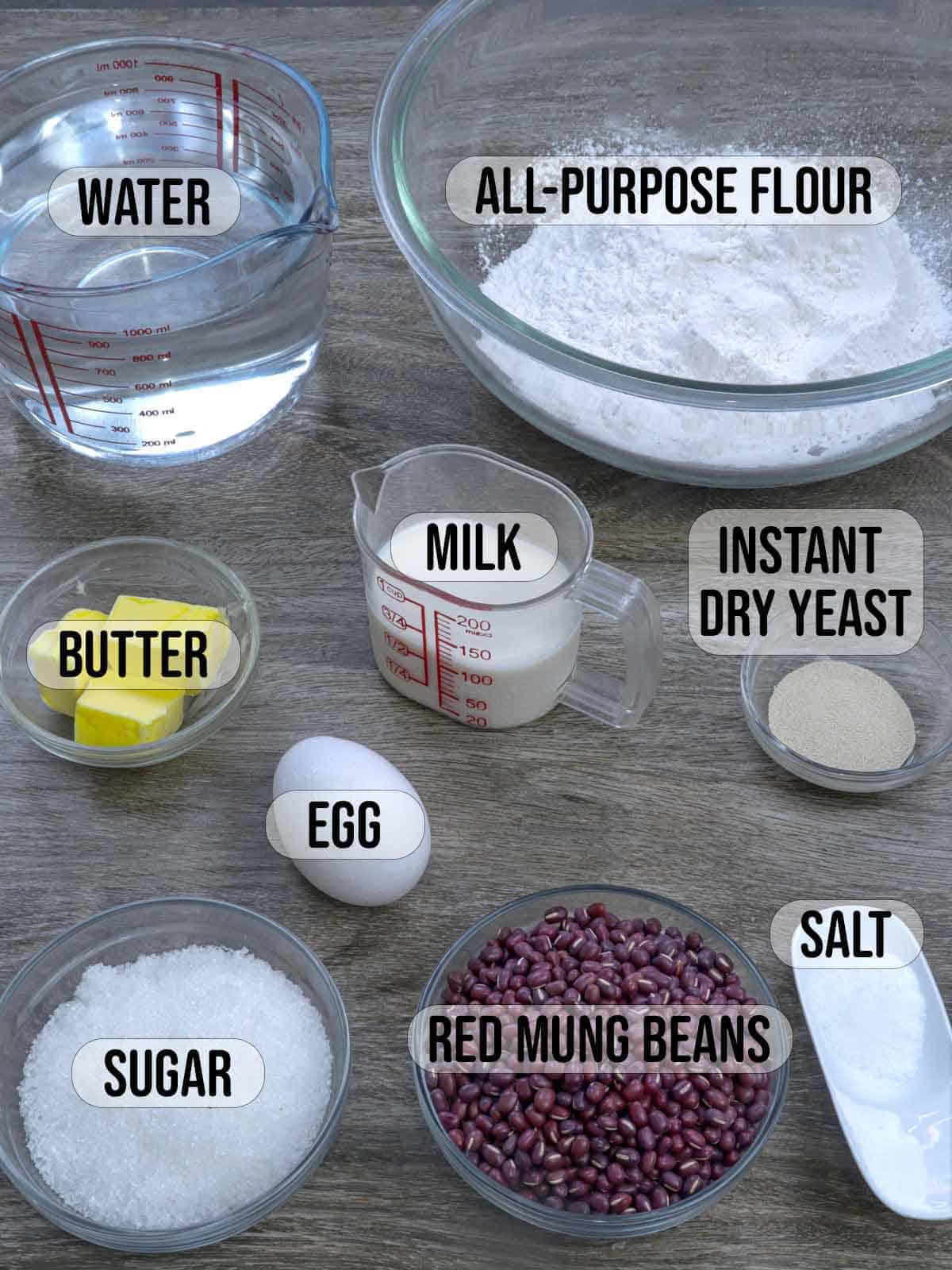 ingredients for pan de monggo in bowls.