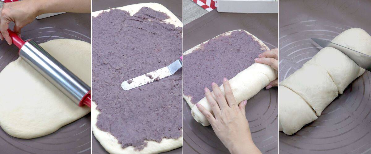 filling with mung bean paste and rolling the pan de monggo dough.