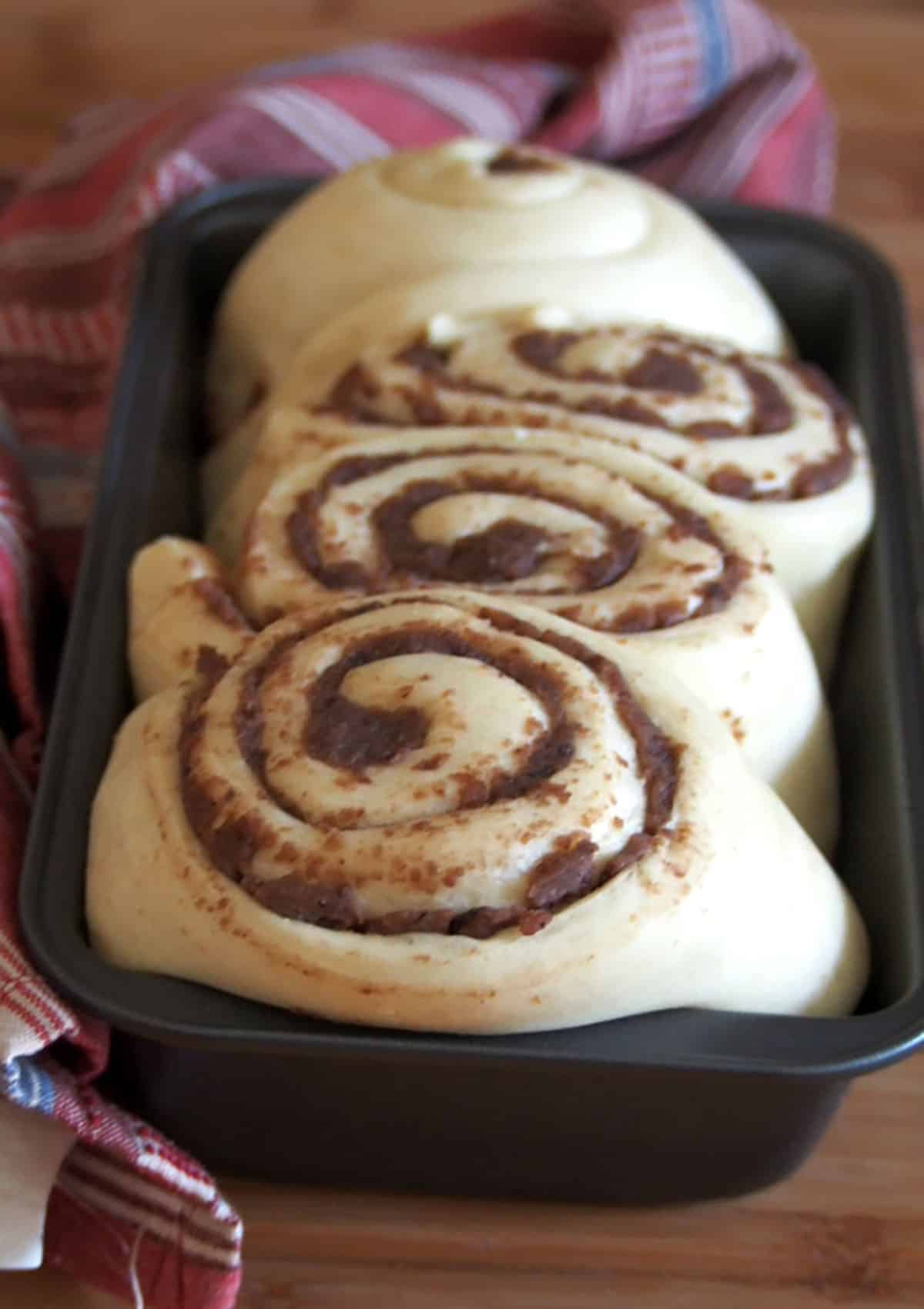 risen monggo bread dough in baking pan