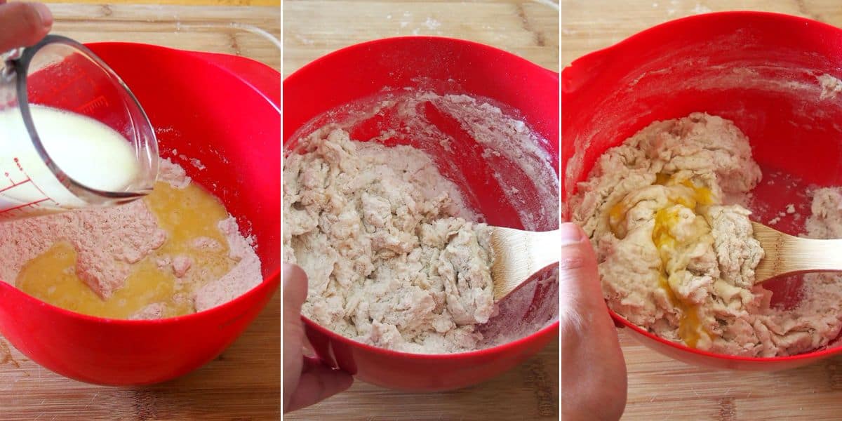 making dough for monggo bread loaf-stirring in egg