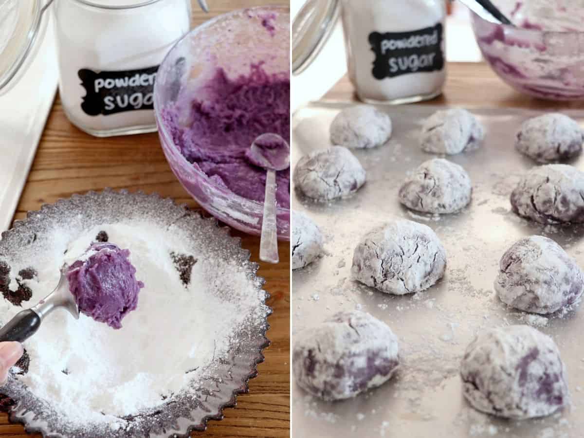 assembling ube crinkle cookies on a cookie sheet to bake