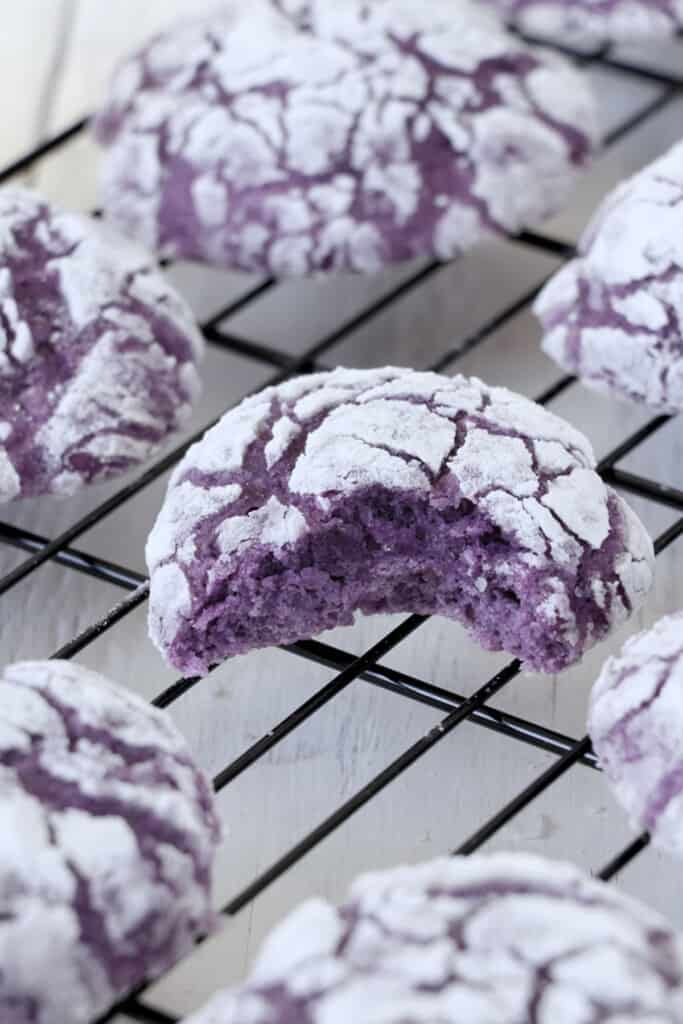 Ube Crinkles flavored with purple yam on a wire rack