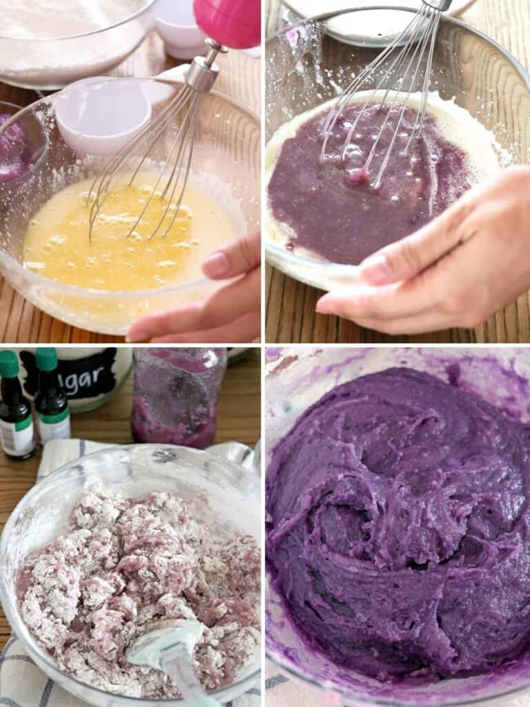 making crinkle cookie batter with purple yam