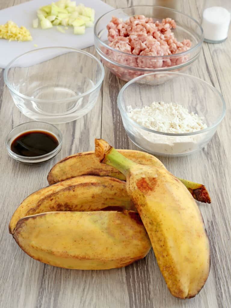 saba bananas, ground pork, soy sauce, flour, water