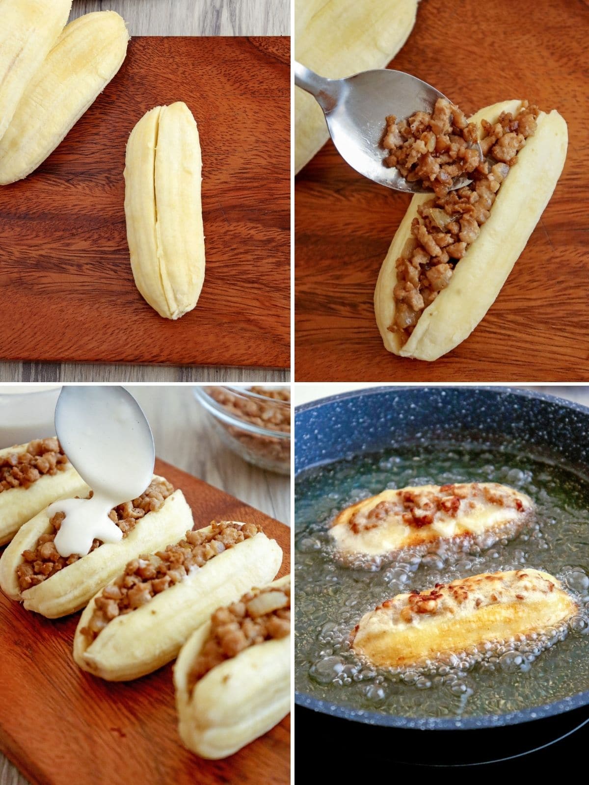 making stuffed bananas with ground pork filling