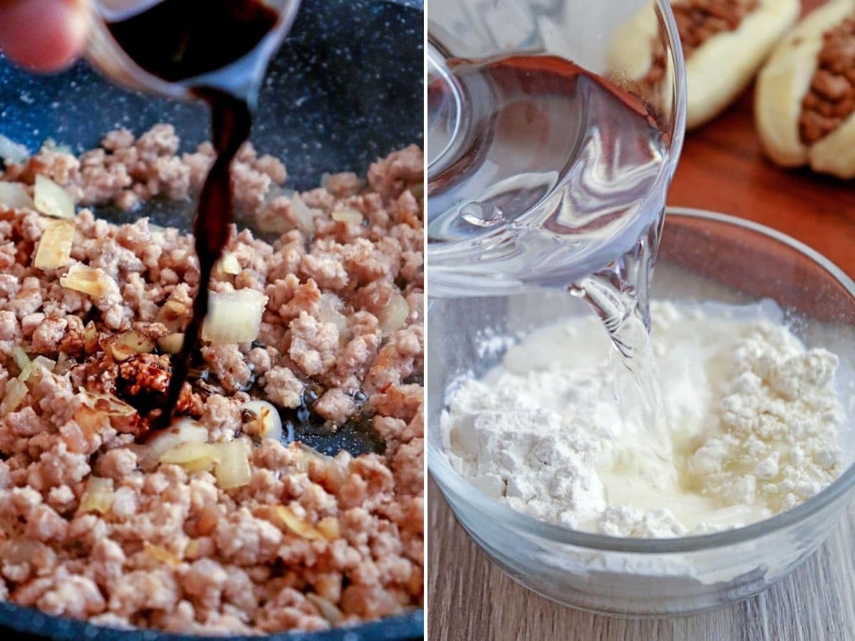 cooking ground pork filling and making a flour batter