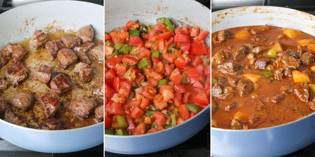 cooking tex-mex beef stew in a pot.