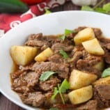 carne guisada in a white serving bowl