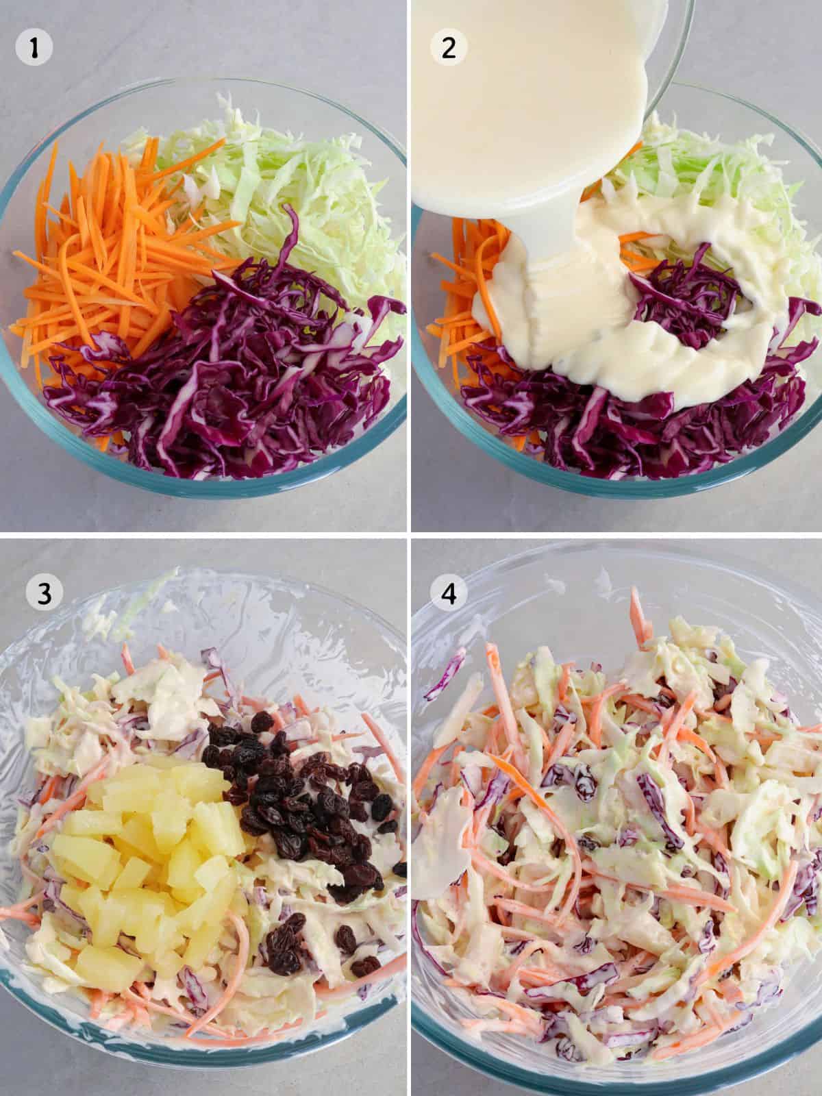 mixing coleslaw ingredients in a glass bowl.