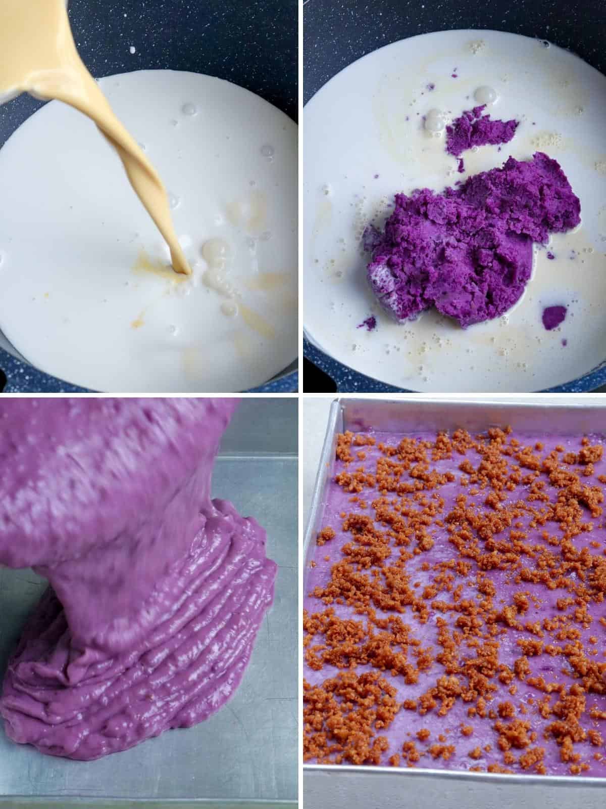 making Filipino coconut pudding with purple yam
