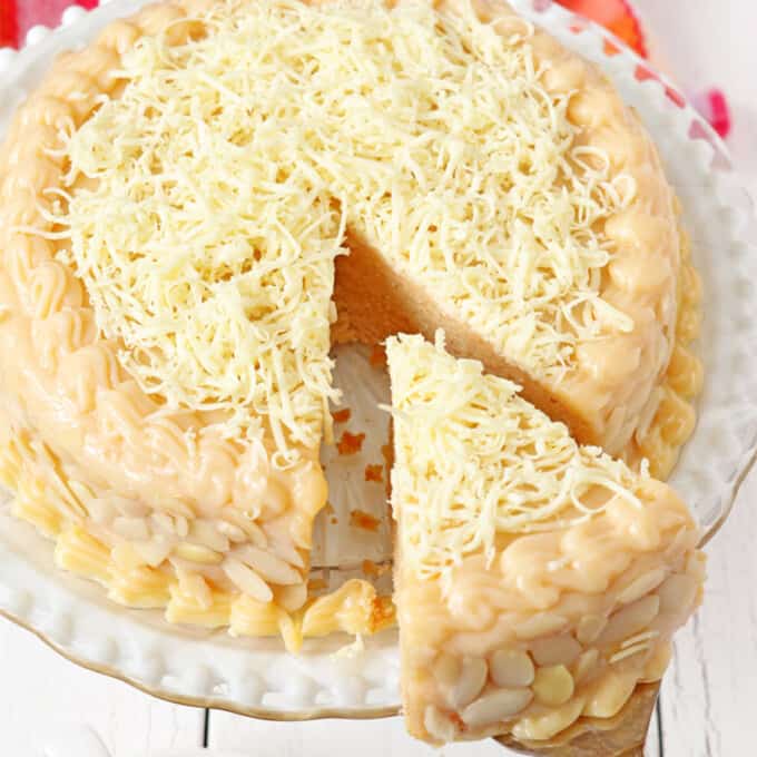 sliced Yema cake on a cake platter