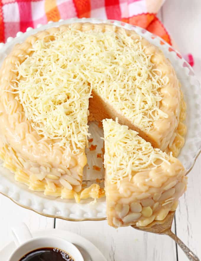 sliced Yema cake on a cake platter