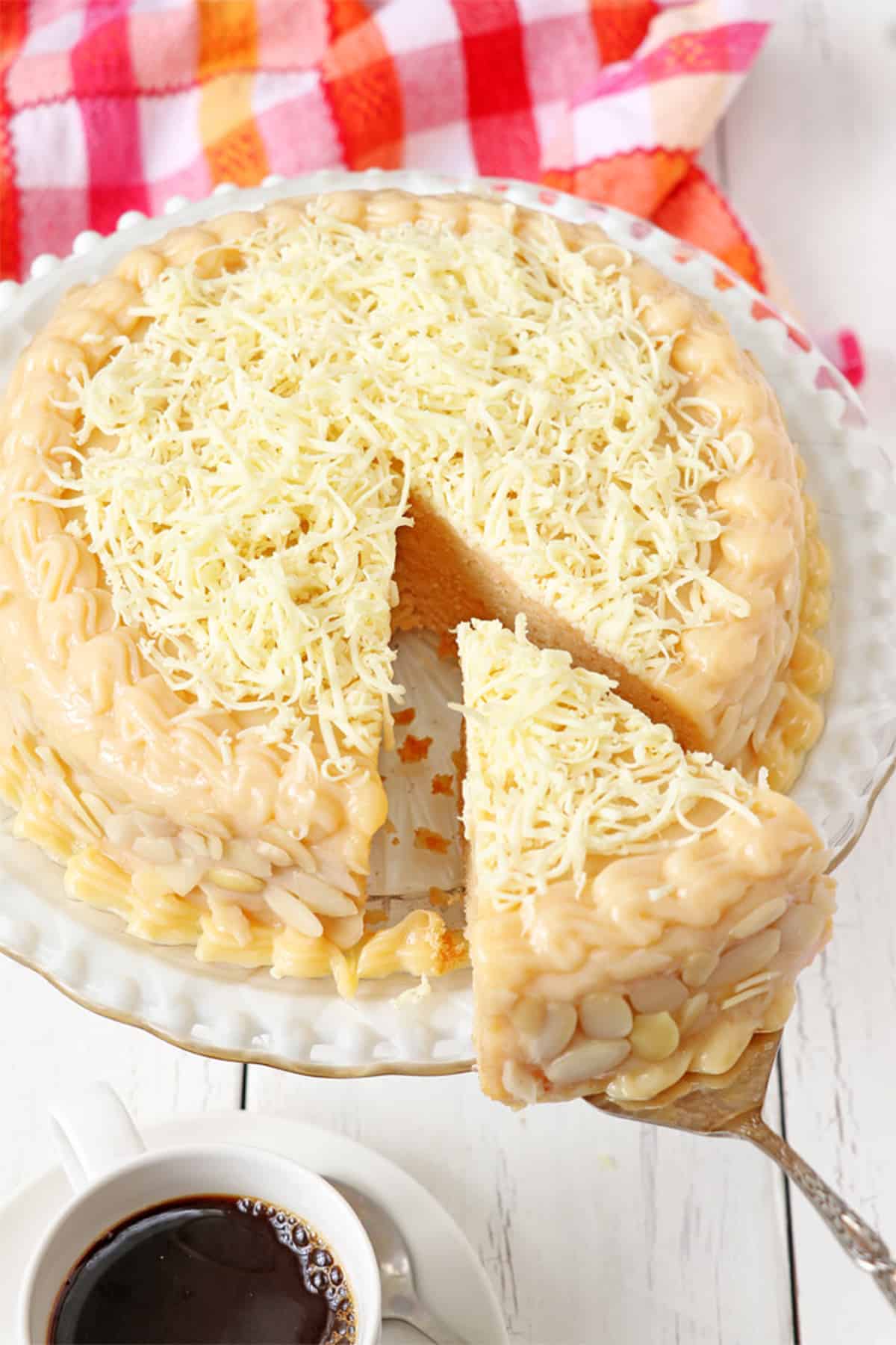 sliced Yema cake on a cake platter