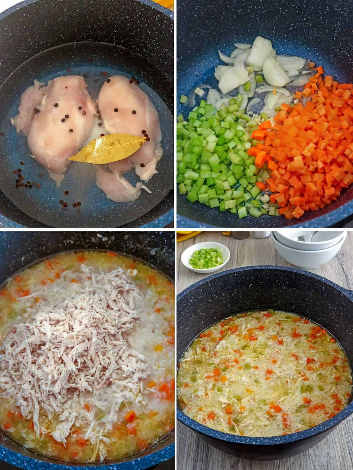 making chicken rice congee in a pot