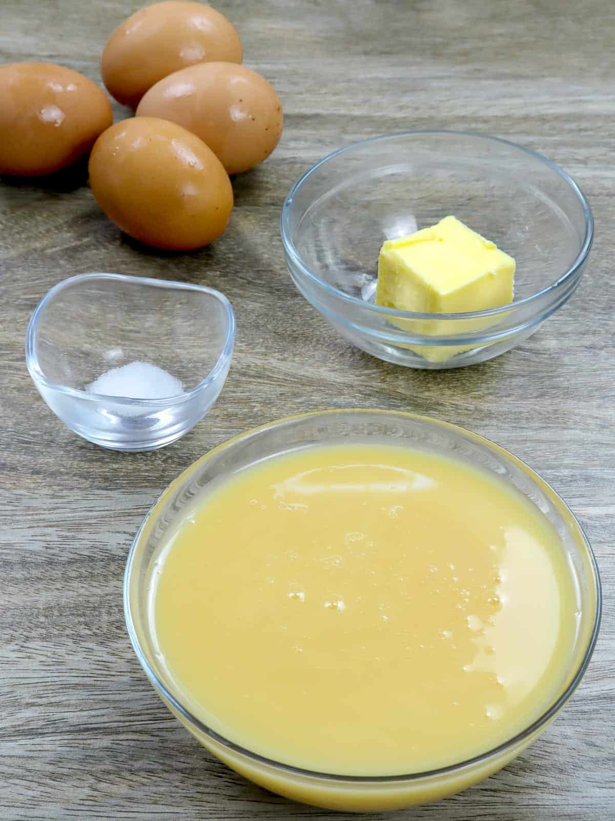 eggs, condensed milk, salt, butter