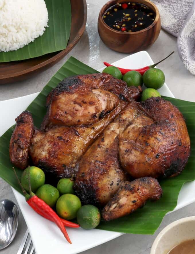 Filipino-style Barbecue Chicken on a banana leaf-lined plate