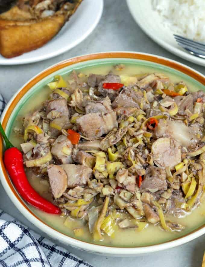 Ginataang Puso ng Saging in a serving bowl