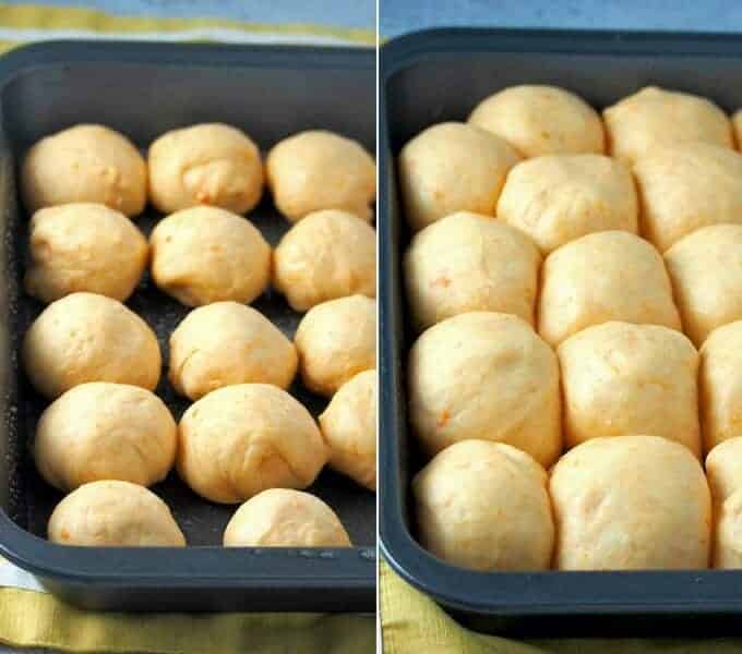 Shape the dough for the sweet potato rolls into small balls. 