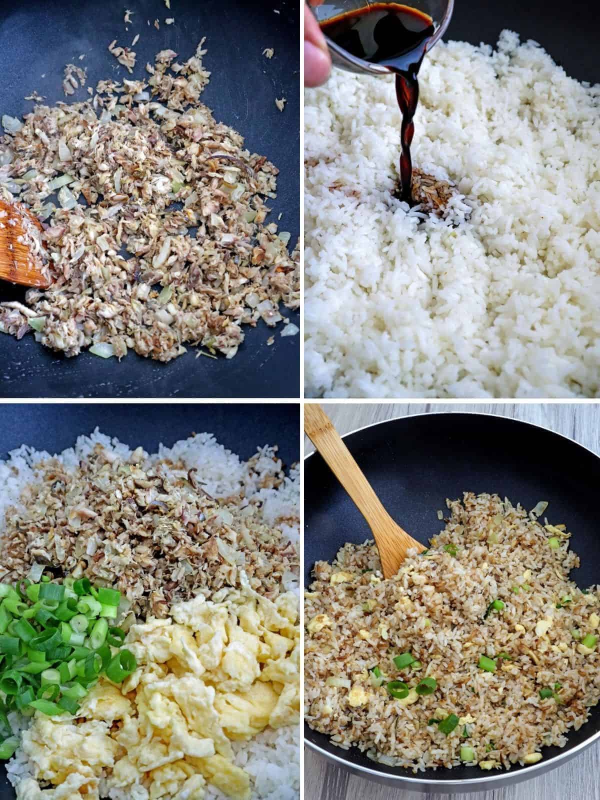 making fried rice with smoked fish flakes in a pan