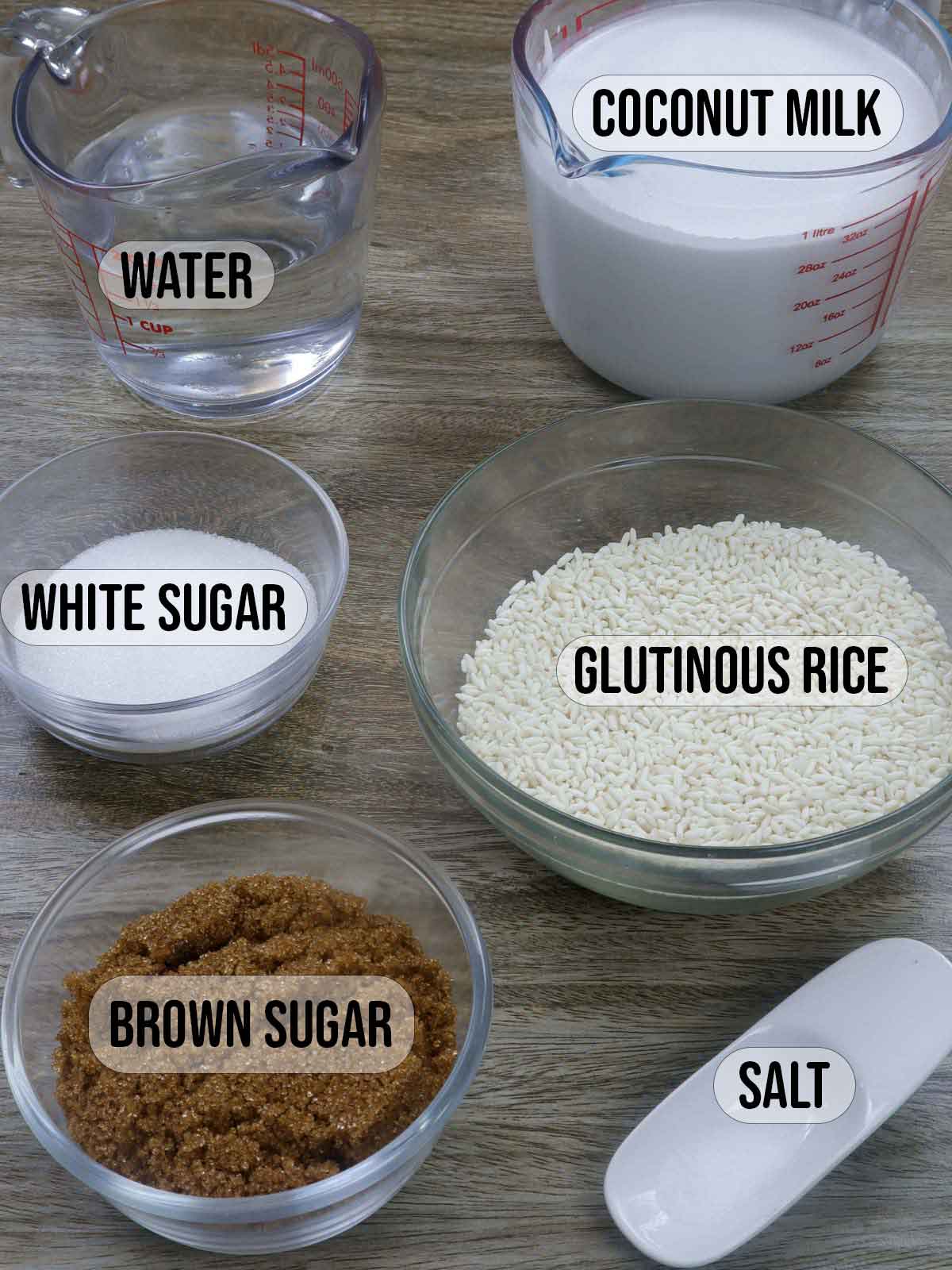 glutinous rice flour, brown sugar, coconut milk, salt, water in bowls.