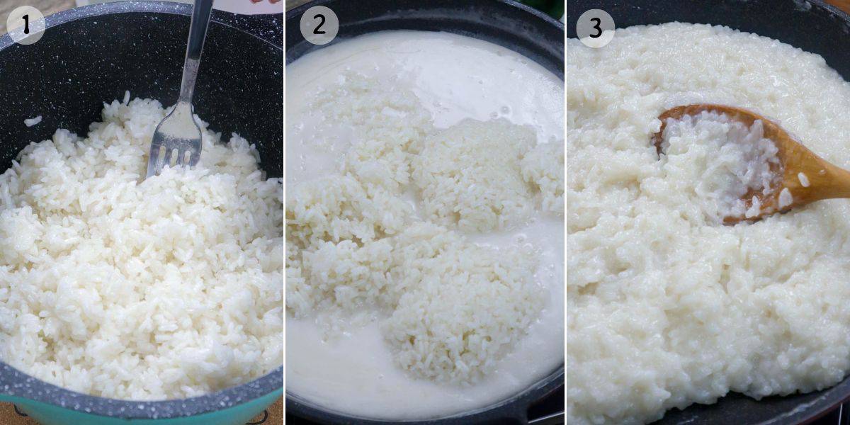 cooking sticky rice cake in a pan.