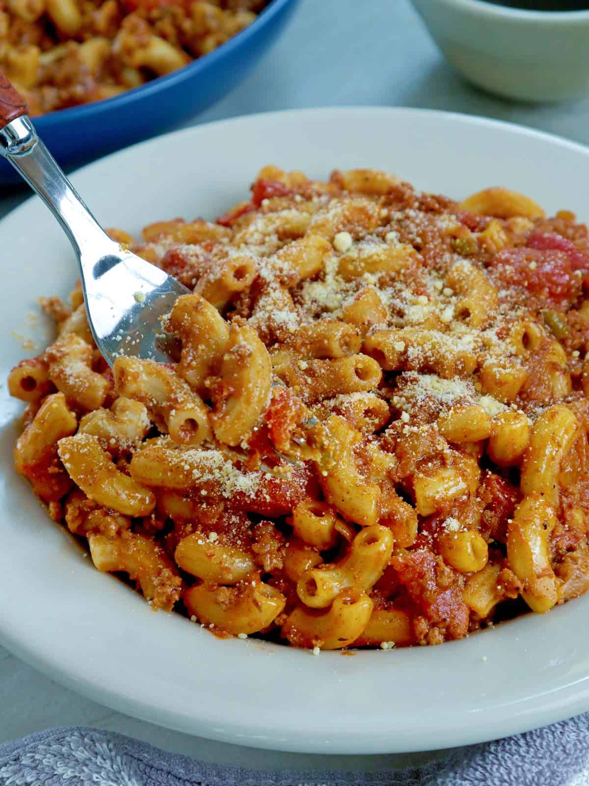 eating american chop suey with a fork