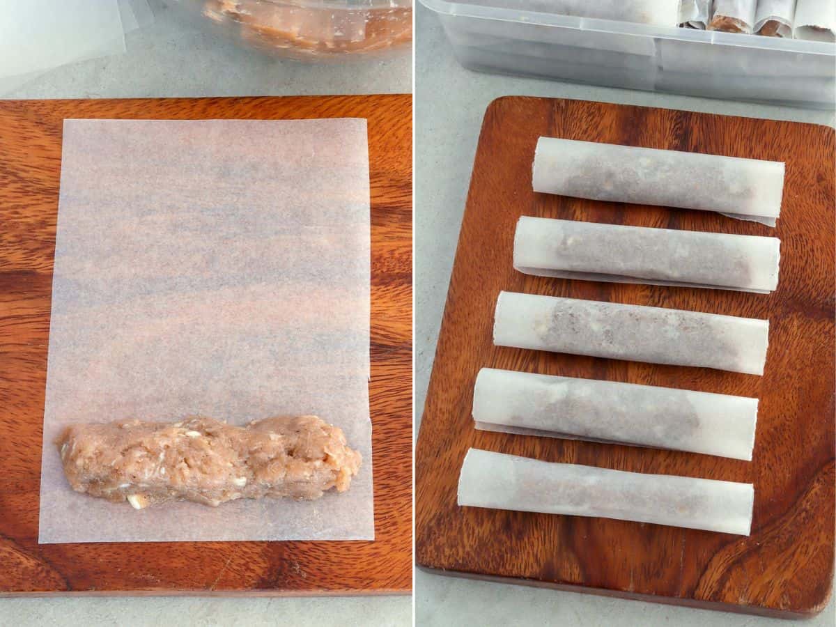 wrapping skinless longganisa mixture with wax paper