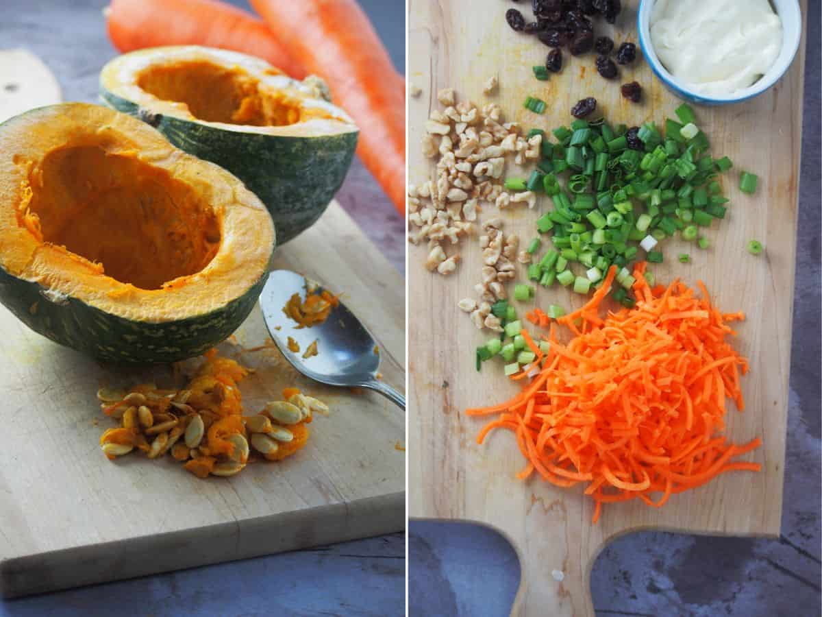 kalabasa, shredded carrots, chopped green onions, chopped walnuts, raisins