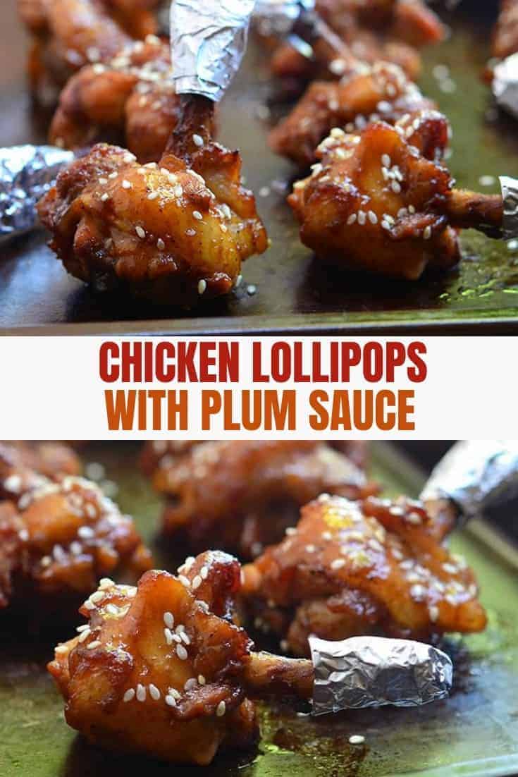 chicken lollipops with plum sauce on a baking sheet