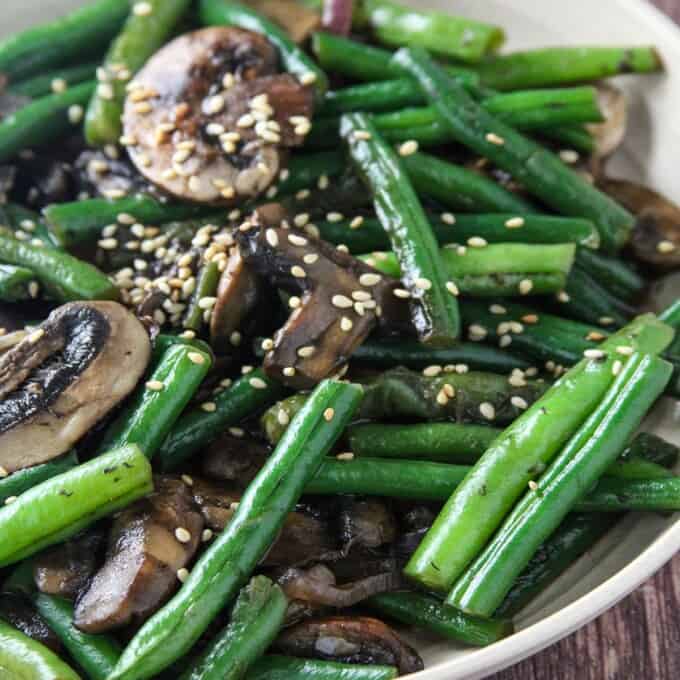 green beans stir-fry with mushrooms in a bowl