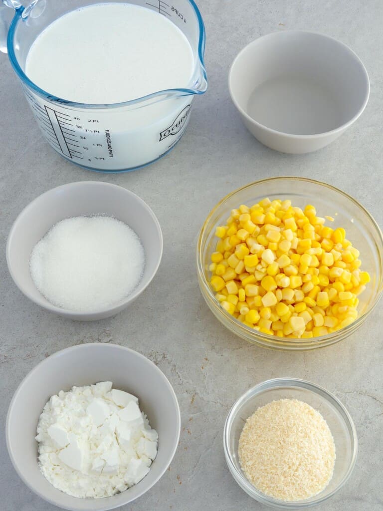 cornstarch, coconut milk, corn kernels, dessicated coconut, sugar, water in bowls