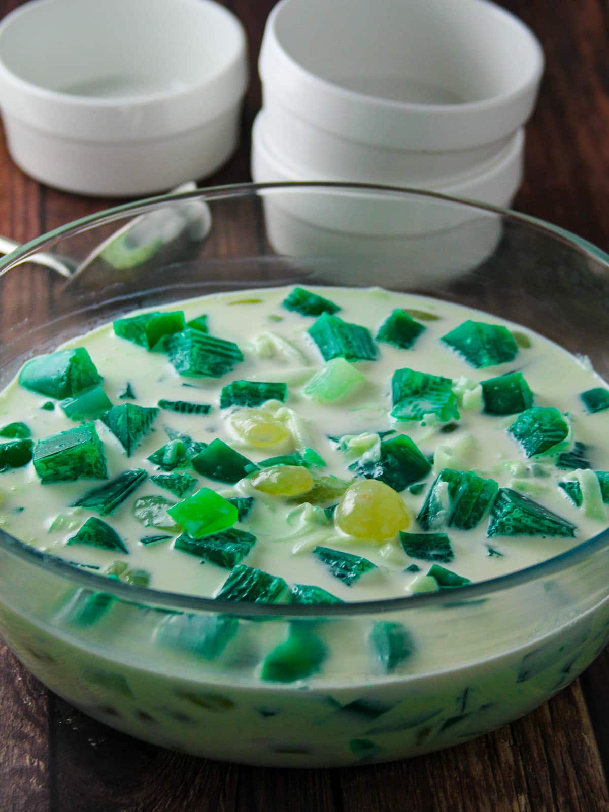 Buko Pandan Salad in a clear glass bowl